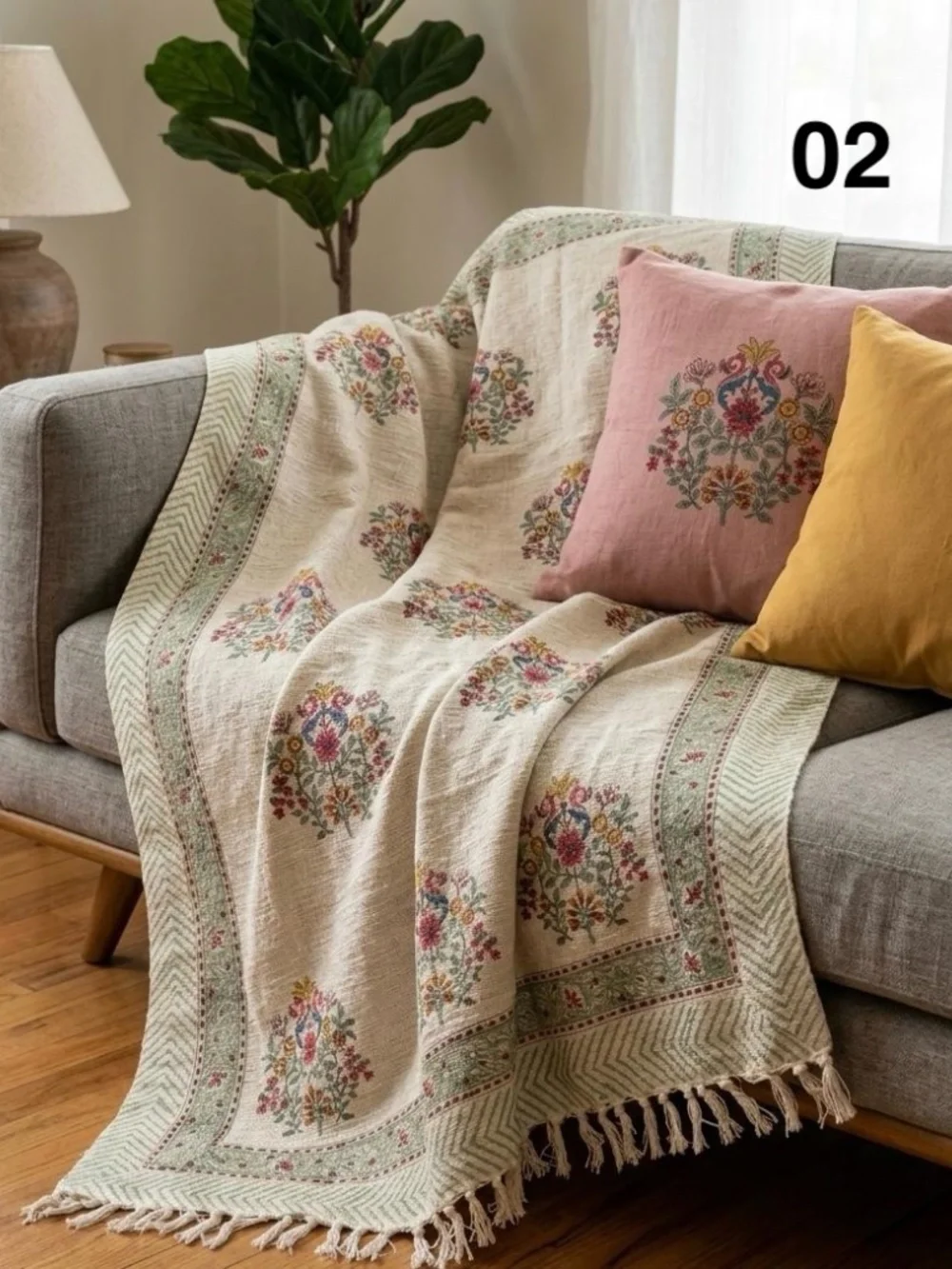 Hand Block Printed Jute Sofa Throw, Boho Indian Home Decor Blanket